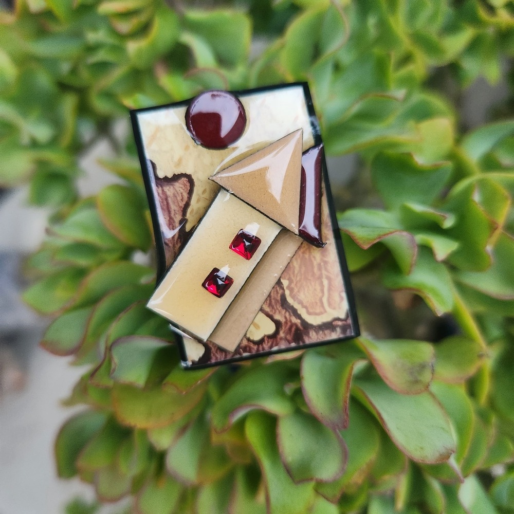 House Pins by Lucinda Resin Brooch Geometric Buildings Dark Moon Brown Tan